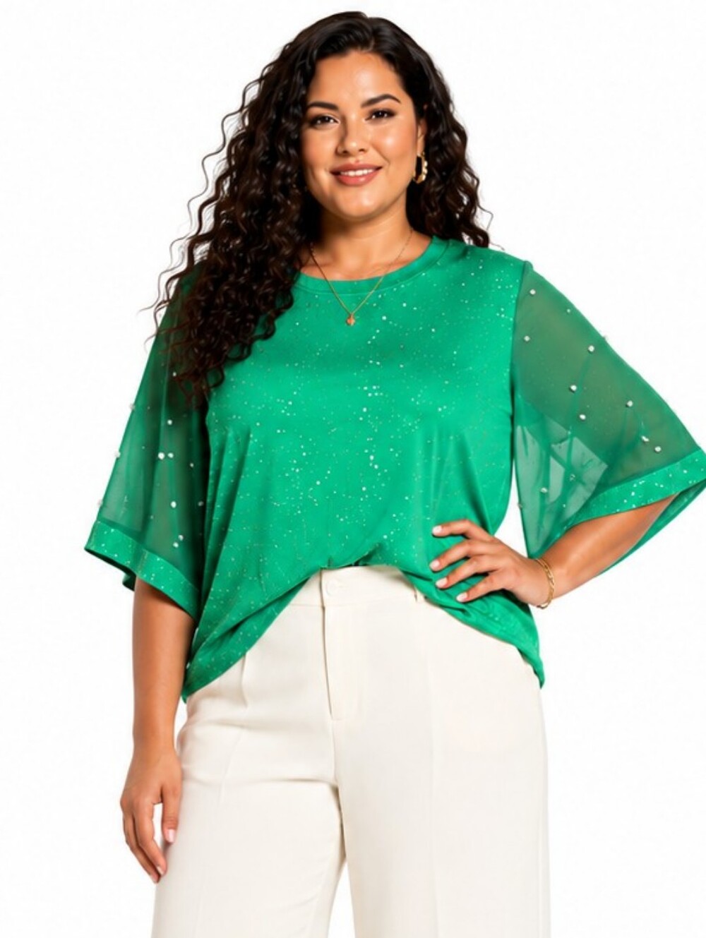 SHEIN Curve Emerald Green Rhinestone Pearl Mesh Sleeve Blouse 3X